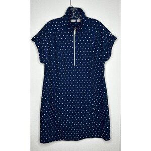 Chicos Dress Womens 3 Navy Blue White Polka Dot Zip Golf Stretch Pockets Casual